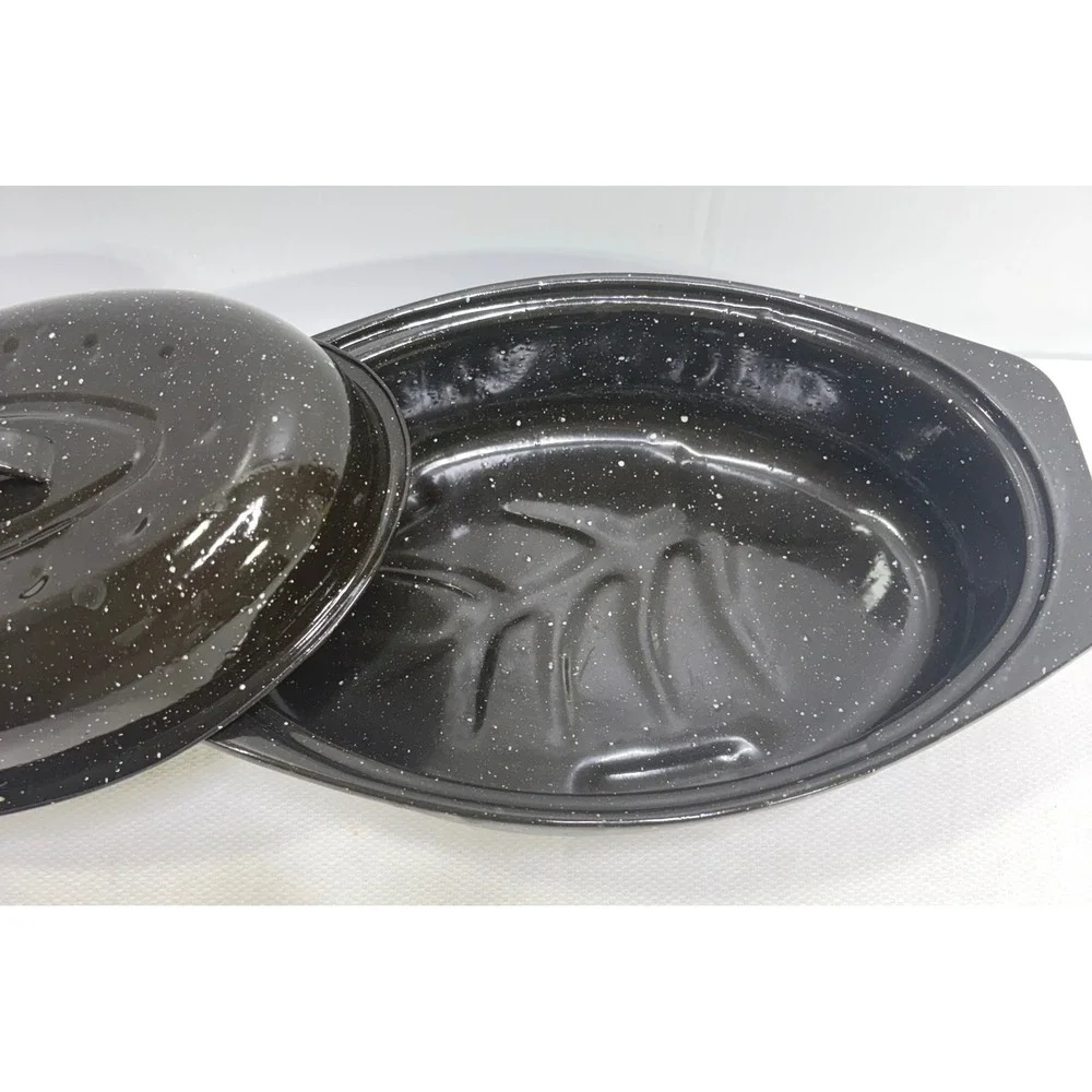 Granite Ware Black Speckled Enamel Oval Roasting Pan with Self-Basting Lid 13in